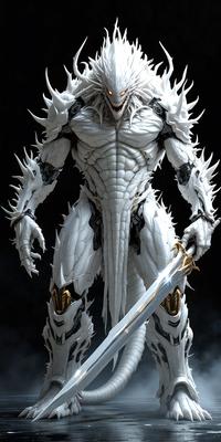 The primary subject of the image is a white, armor-like creature with a sword in its hand. The creature appears to be a mix of human and animal features, with a prominent spiky design. The setting is a dark background, which adds to the overall mood of the image. The visual style is a combination of digital art and illustration, creating a unique and intriguing scene. The dominant colors are white and black, with the white creature standing out against the dark background.